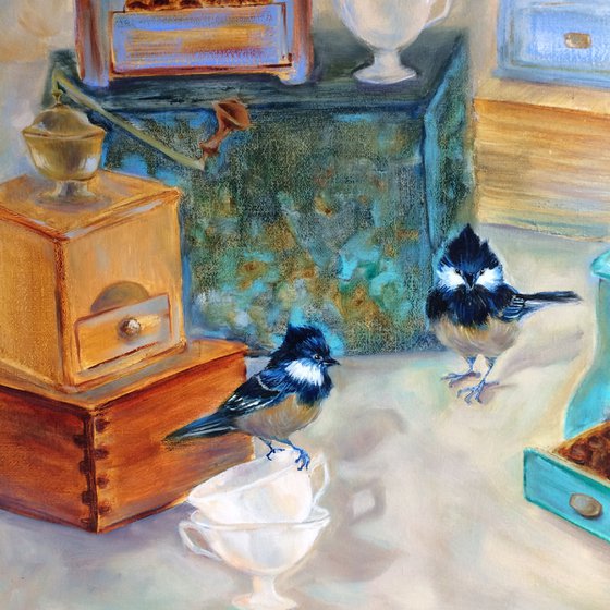 Still life oil painting - Coffee grinders and birds - Square canvas - Kitchen wall art