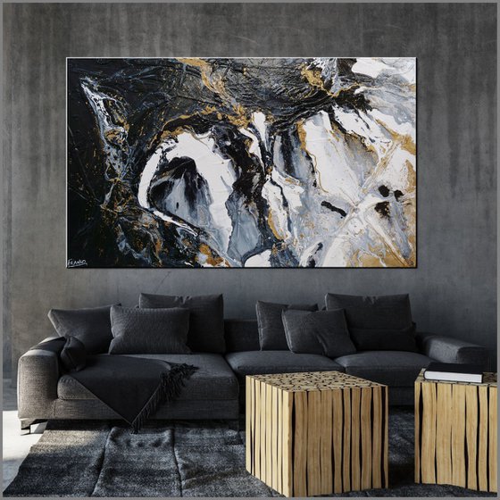 Blackened Gold Rapture 200cm x 120cm Black Grey Gold Abstract Art