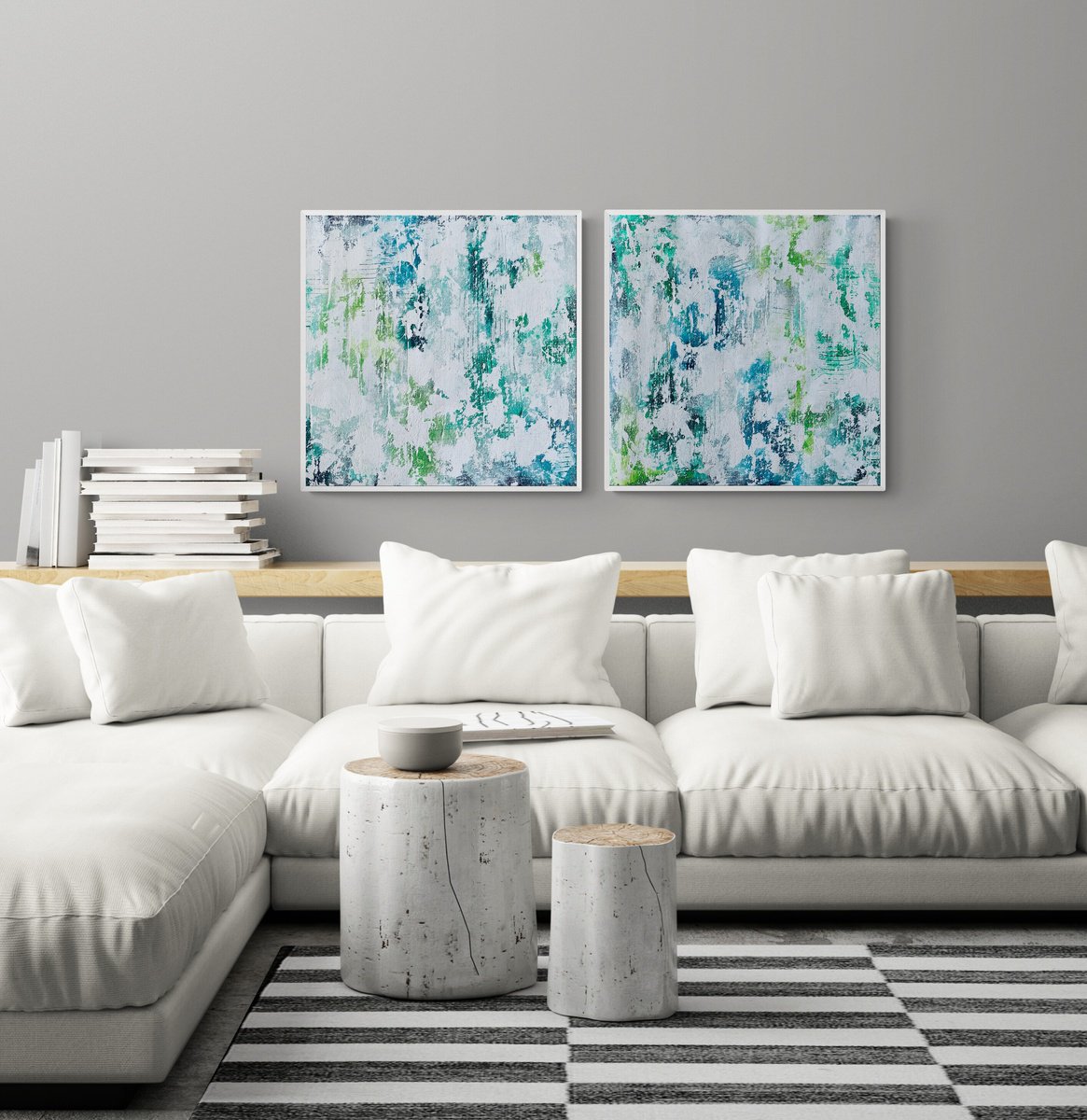 Abstract No. 1859 green & white - set of 2 by Anita Kaufmann