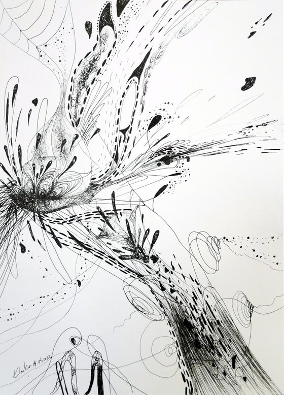 Fascinating spontaneous ink drawing on paper metaphysical stilllife by master O Kloska