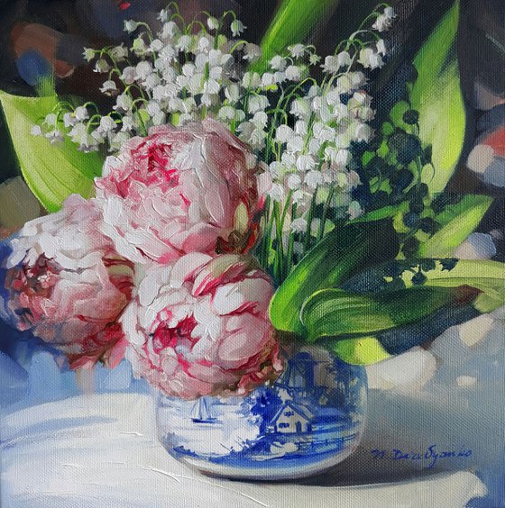 Lily of the valley and peonies flowers in the summer shine, Floral painting on canvas