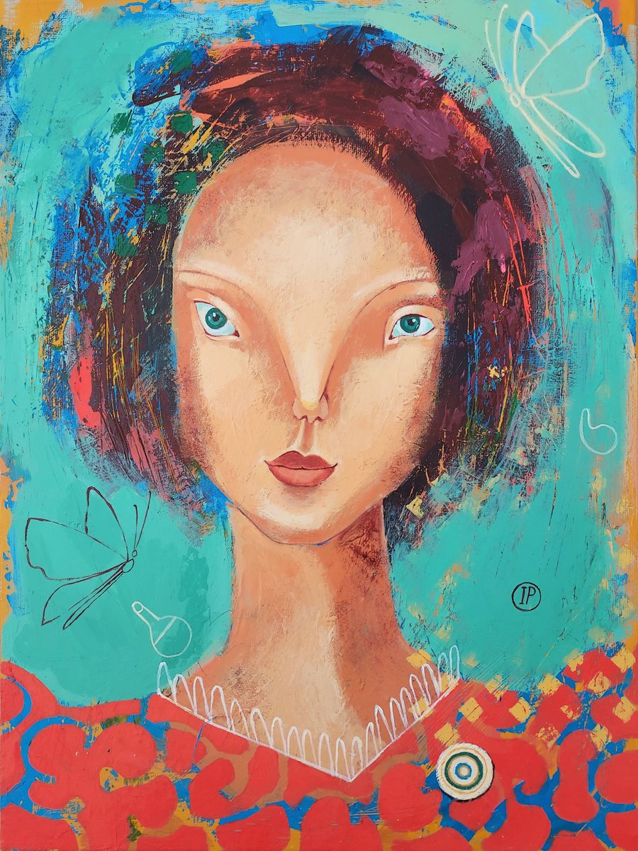 Impressionistic Portrait Acrylic Painting By Irina Plaksina, 12 X 16, Sylvia, Original Artwork