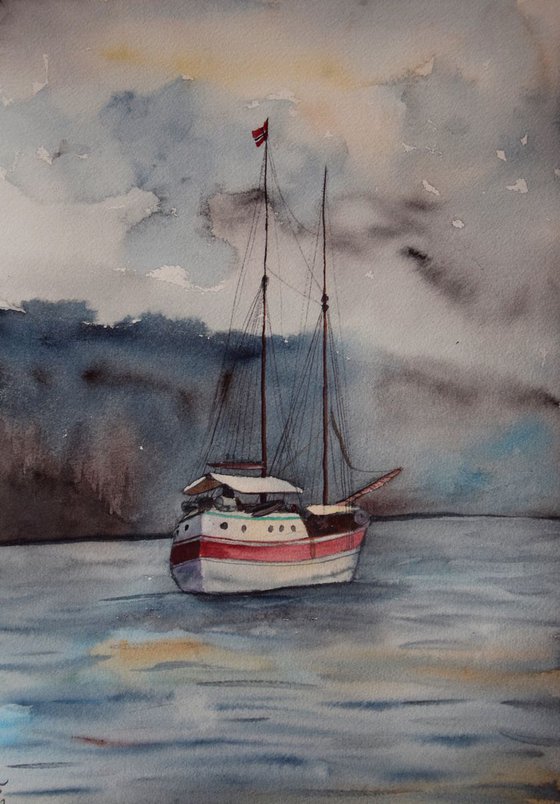 Watercolor painting Ship in Oslo port, Norway fjord