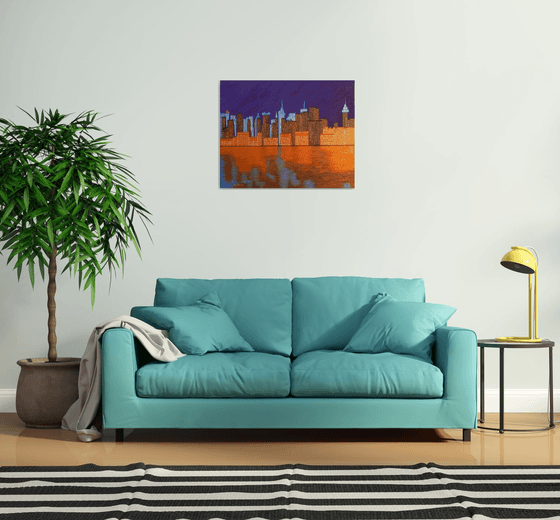 Midnight on the Hudson - New York cityscape on Hudson river evening reflections; home, office decor; gift idea