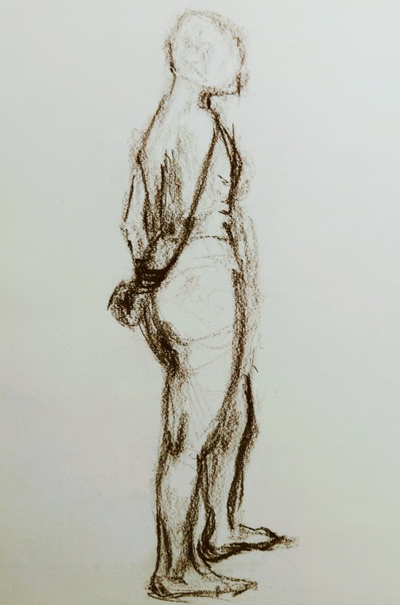 Nude. Abstract men. Drawing with a brown pencil on paper