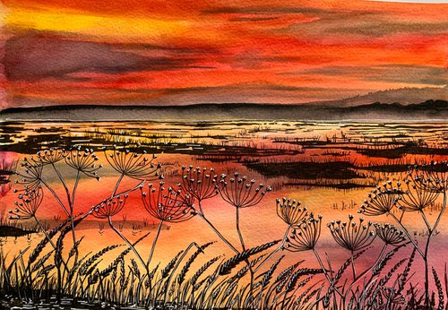 Last light over the marsh by Karen Elaine  Evans