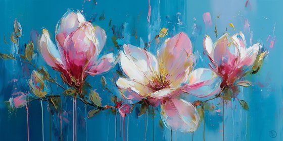 Magnolia on Turquoise Blue