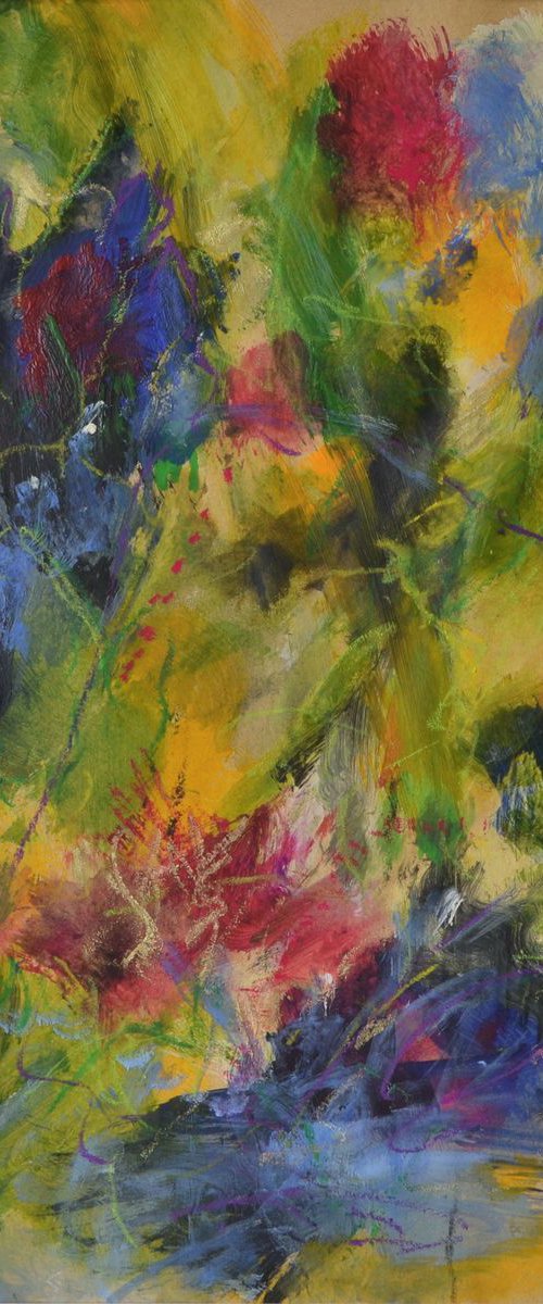 Sunny Meadow - warm coloured mixed media floral abstract by Karin Goeppert