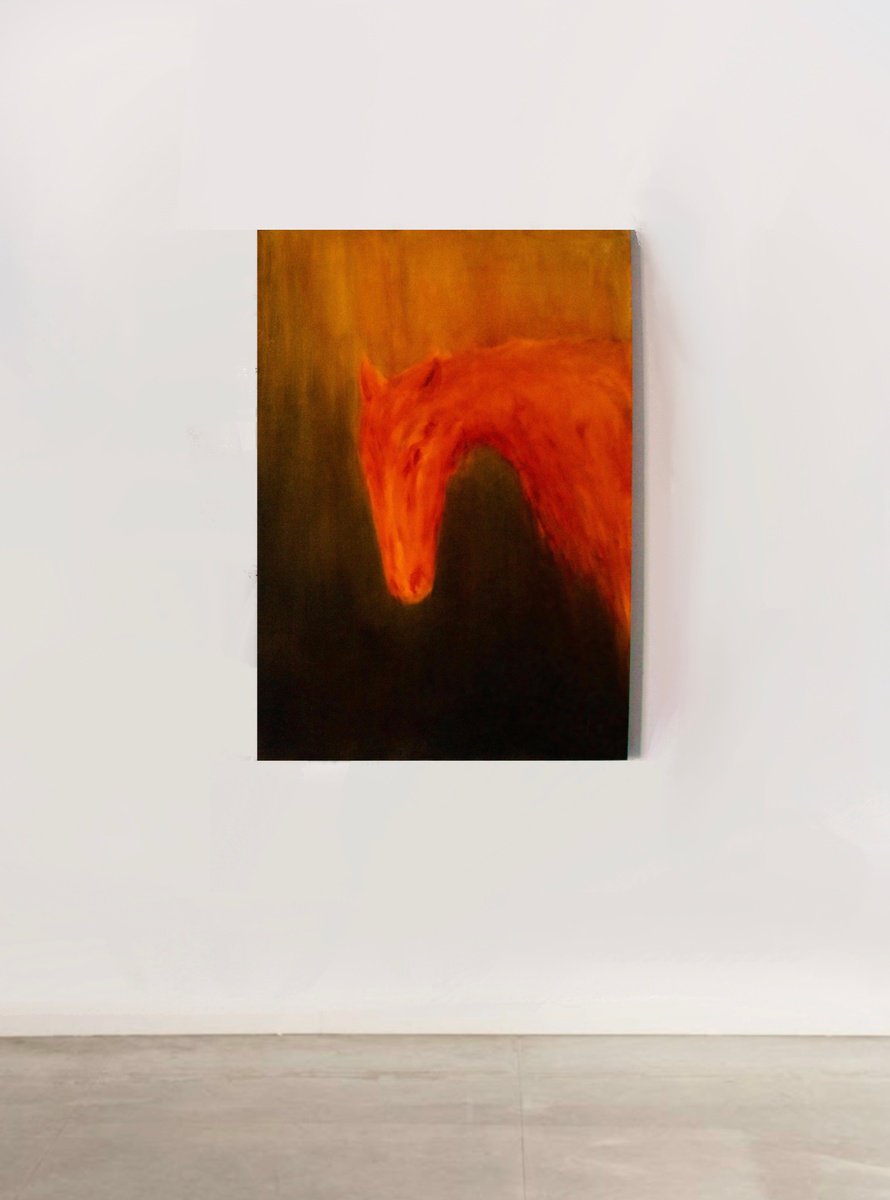 Impressionistic Animal Oil Painting By Grey Aiden, 31 X 39, Red Horse, Original Artwork