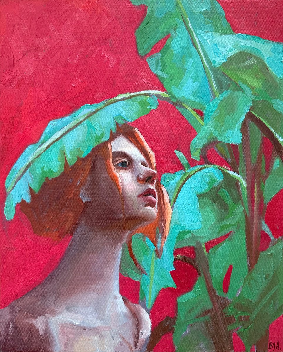 portrait with blue banana leaves by Anna Bogushevskaya