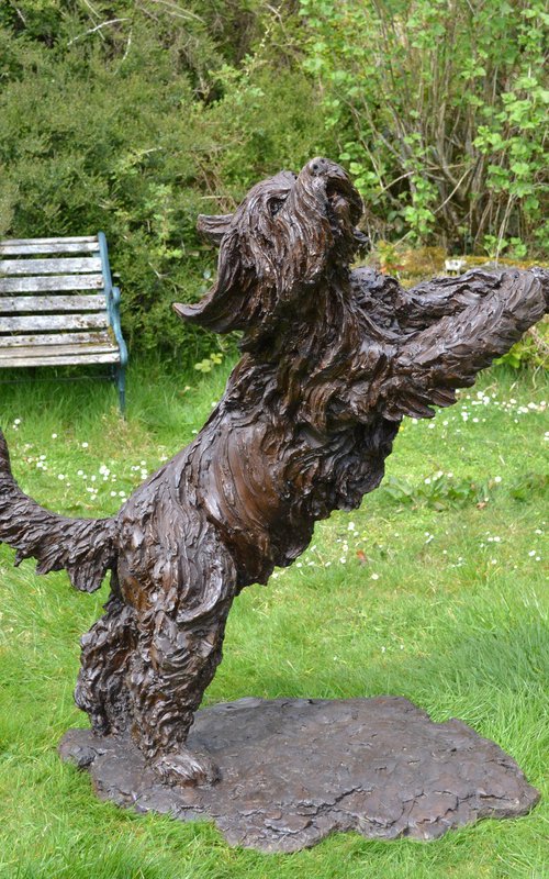 Leaping Bearded Collie Resin by Tanya Russell