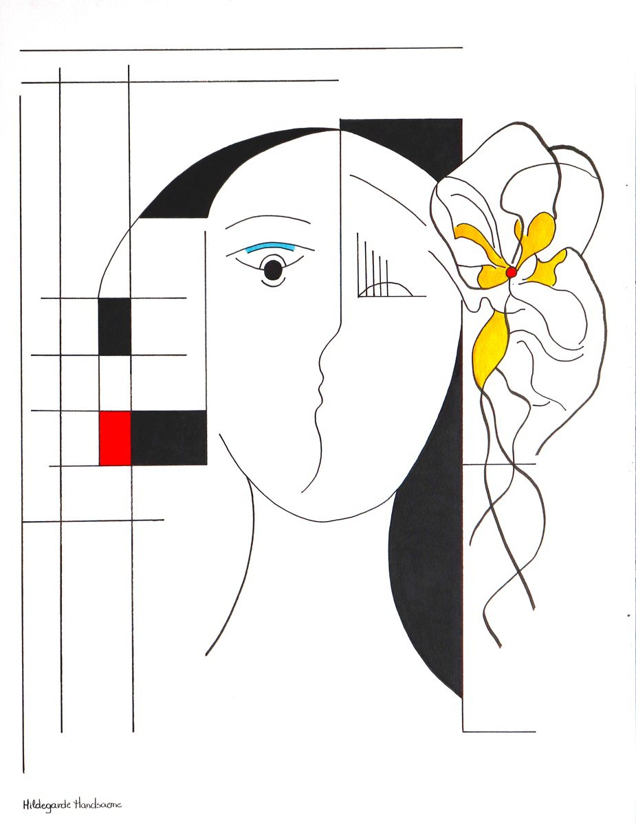 Geometric Portrait Ink Drawing By Hildegarde Handsaeme, 20 X 26, A Blossoming Portrait, Original Artwork