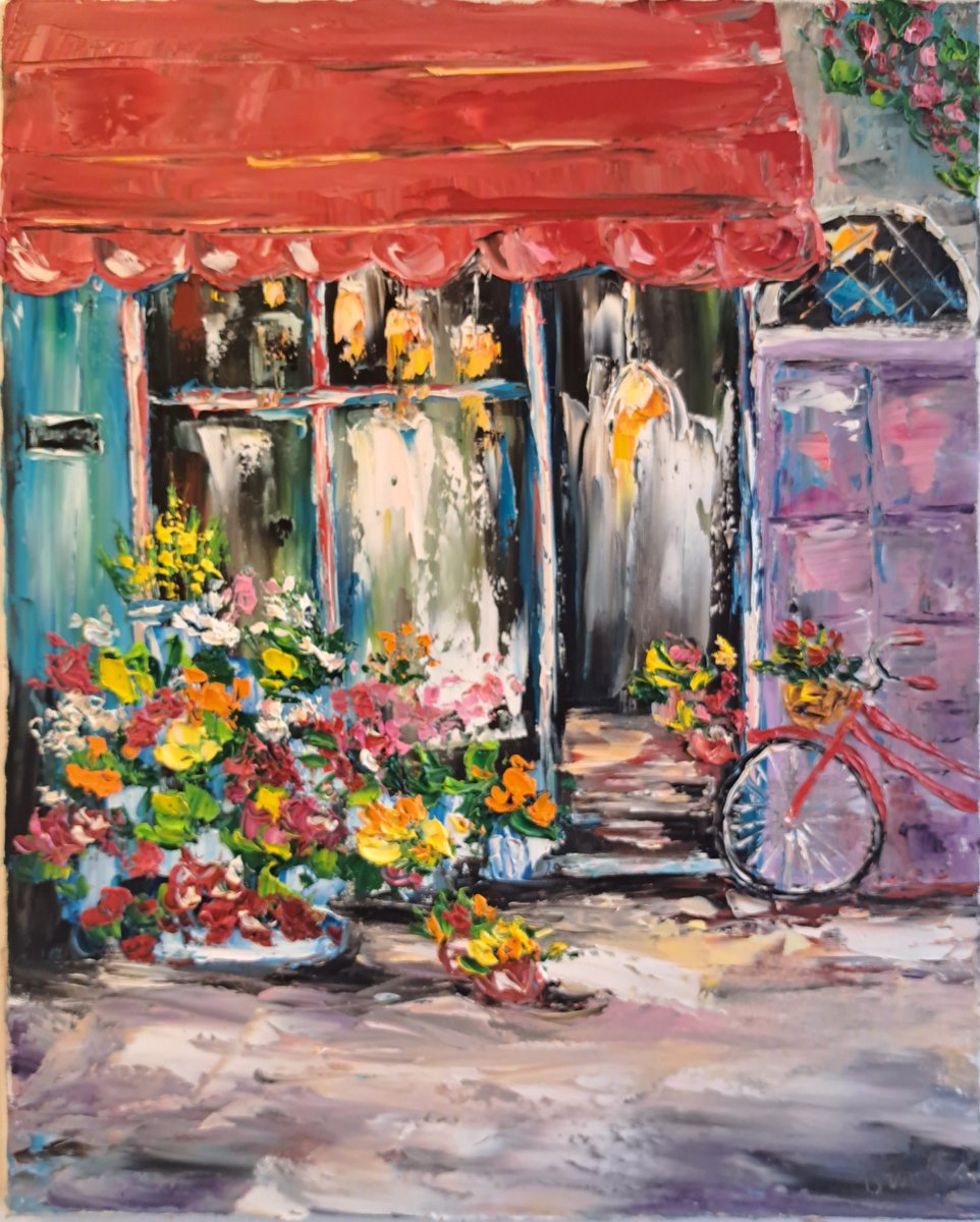 Impressionistic Cityscapes Oil Painting By Oksana Fedorova, 16 X 20", Flower Shop, Original Artwork
