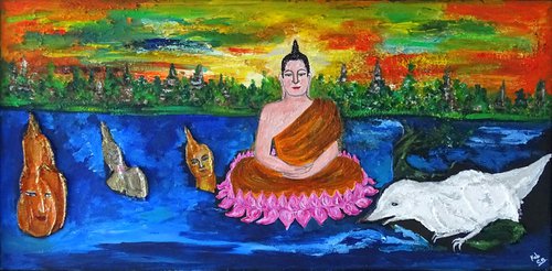4 Buddha's on the river (Framed artwork) by Conrad  Bloemers