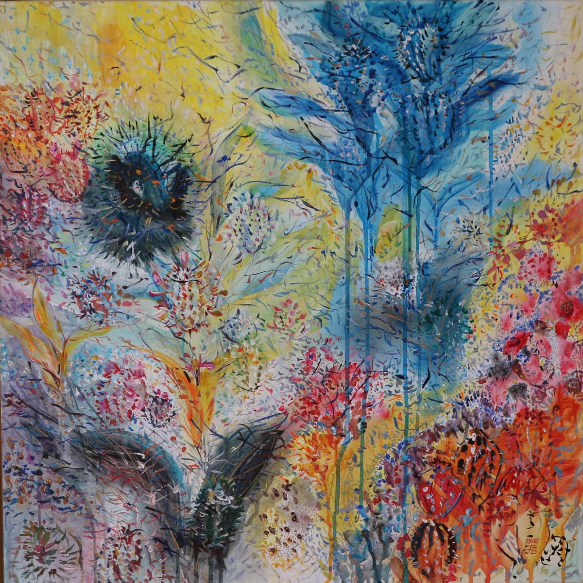 Expressive Botanical Acrylic Painting By Florina Breazu, 28 X 28, Flowers And Birds, Original Artwork