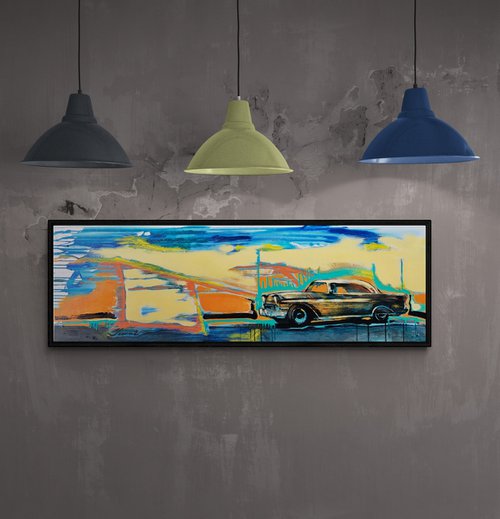 Horizontal bright painting - "Orange car" - Pop Art - Old school - Retro - Transport by Yaroslav Yasenev