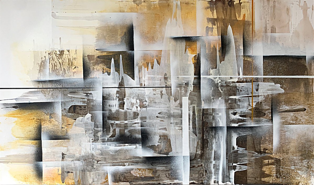 Expressive Abstract Acrylic Painting By Tatiana Malinovscaia, 47 X 28", Golden City Echoes, Original Artwork