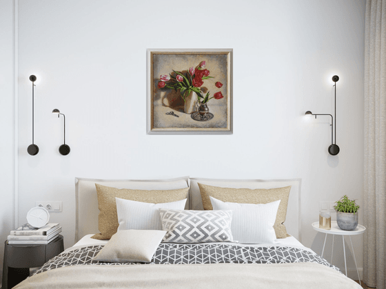 "Spring tulips" still life  metal silver tulip liGHt original painting  GIFT (2019)