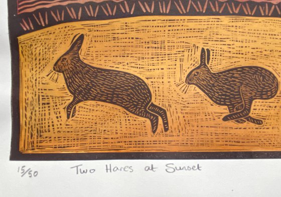 Limited edition handmade Linocut. Two Hares at Sunset 15/50