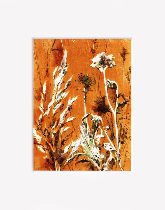 Abstract Botanical Mixed Media Diptych, Herbs and Flowers on Burnt Orange 2 Paintings Set