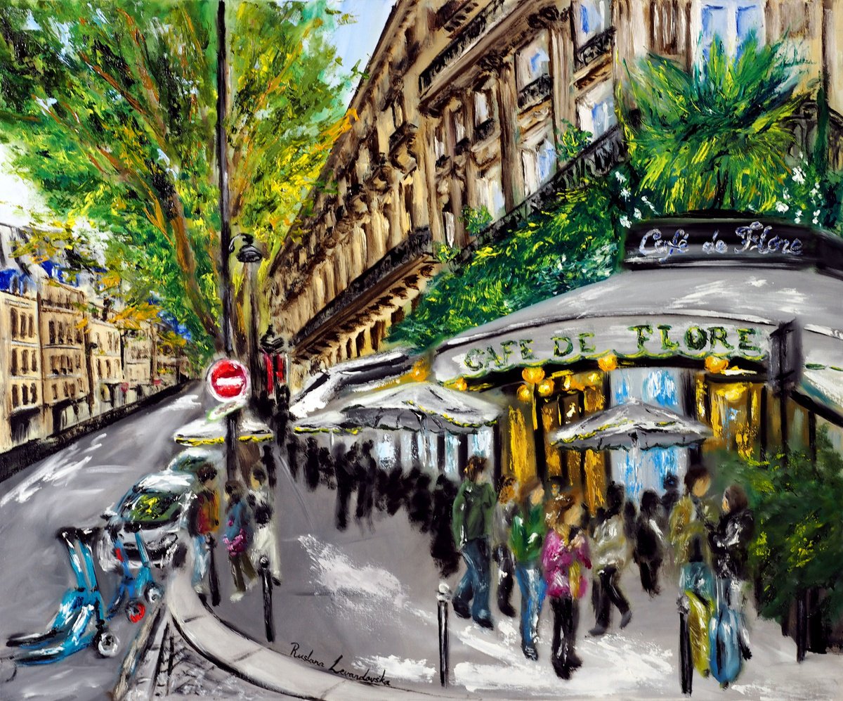 Impressionistic Cityscapes Oil Painting By Ruslana Levandovska, 36 X 30", Cafe De Flore, Paris, Original Artwork