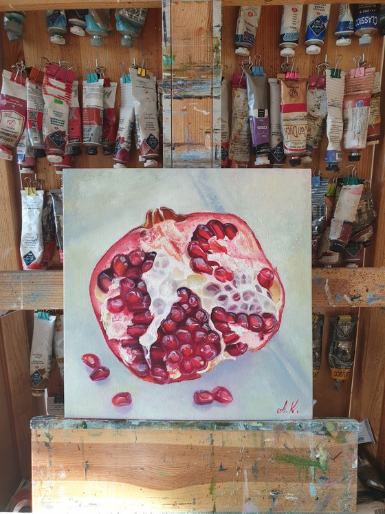 "Ripe pomegranate."  pomegranate still life  liGHt original painting  GIFT (2021)