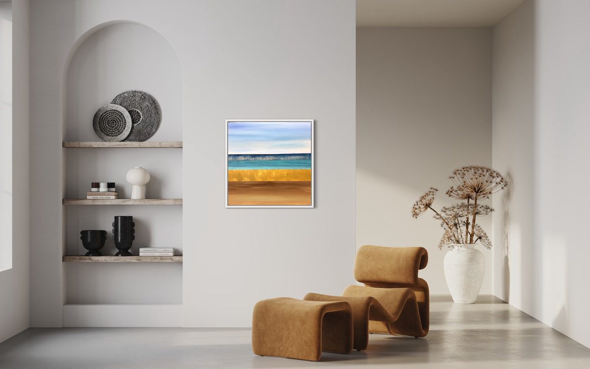 Abstract Landscape Acrylic Painting By Km Arts, 31 X 31", Scarborough On The Shoreline, Original Artwork