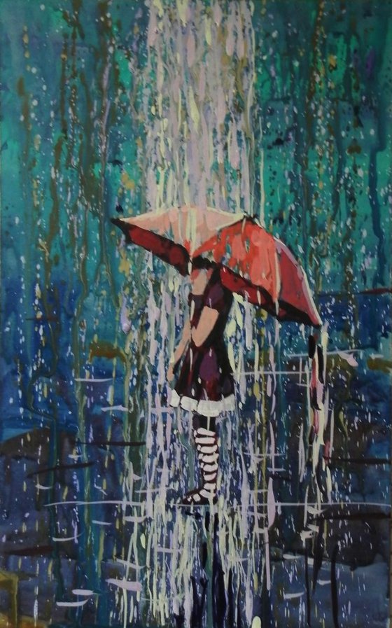 The girl under an umbrella. original painting 18x29 cm