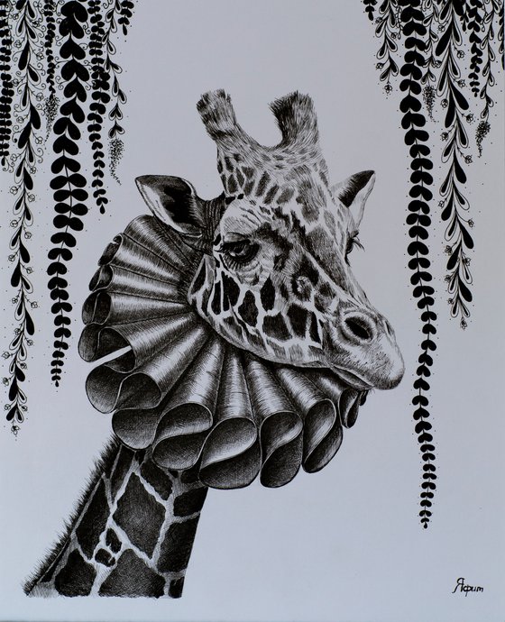 Black and white pen drawing, cute giraffe in clothes.