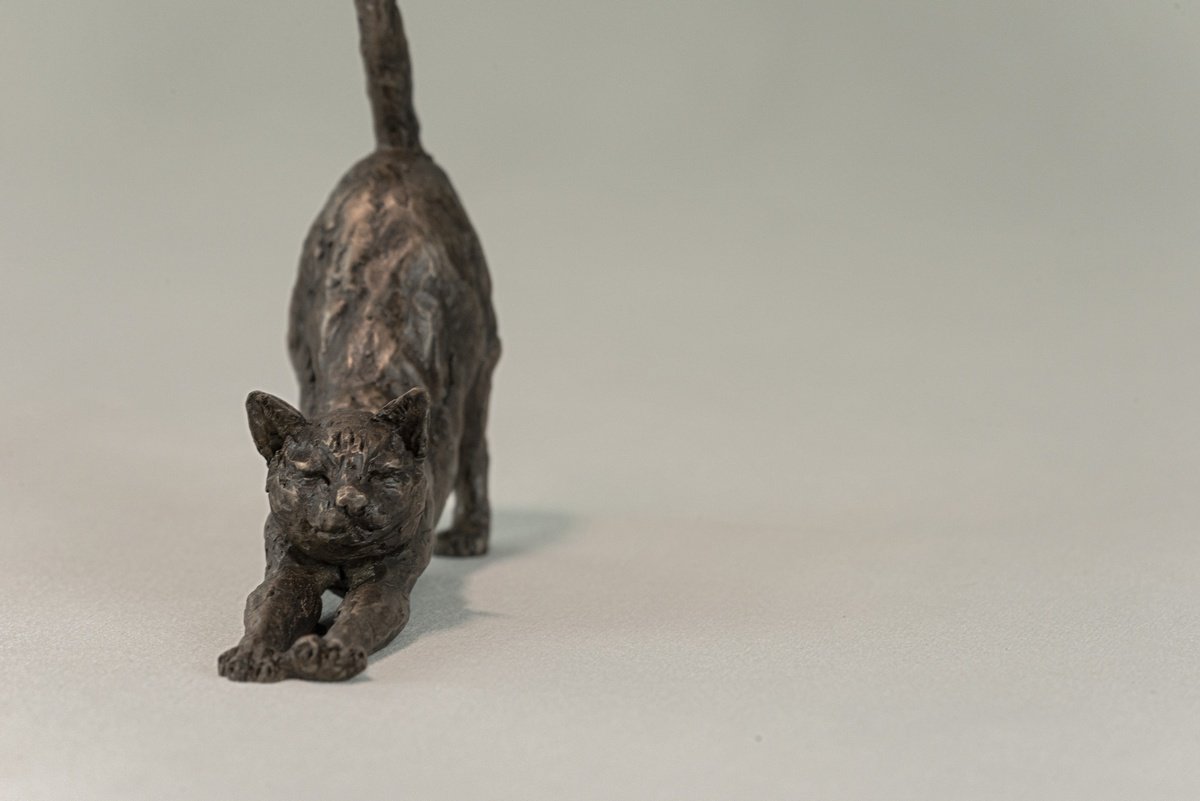 Animal Bronze Sculpture By Tanya Russell, 21 X 22", Stretching Cat Bronze, Original Artwork