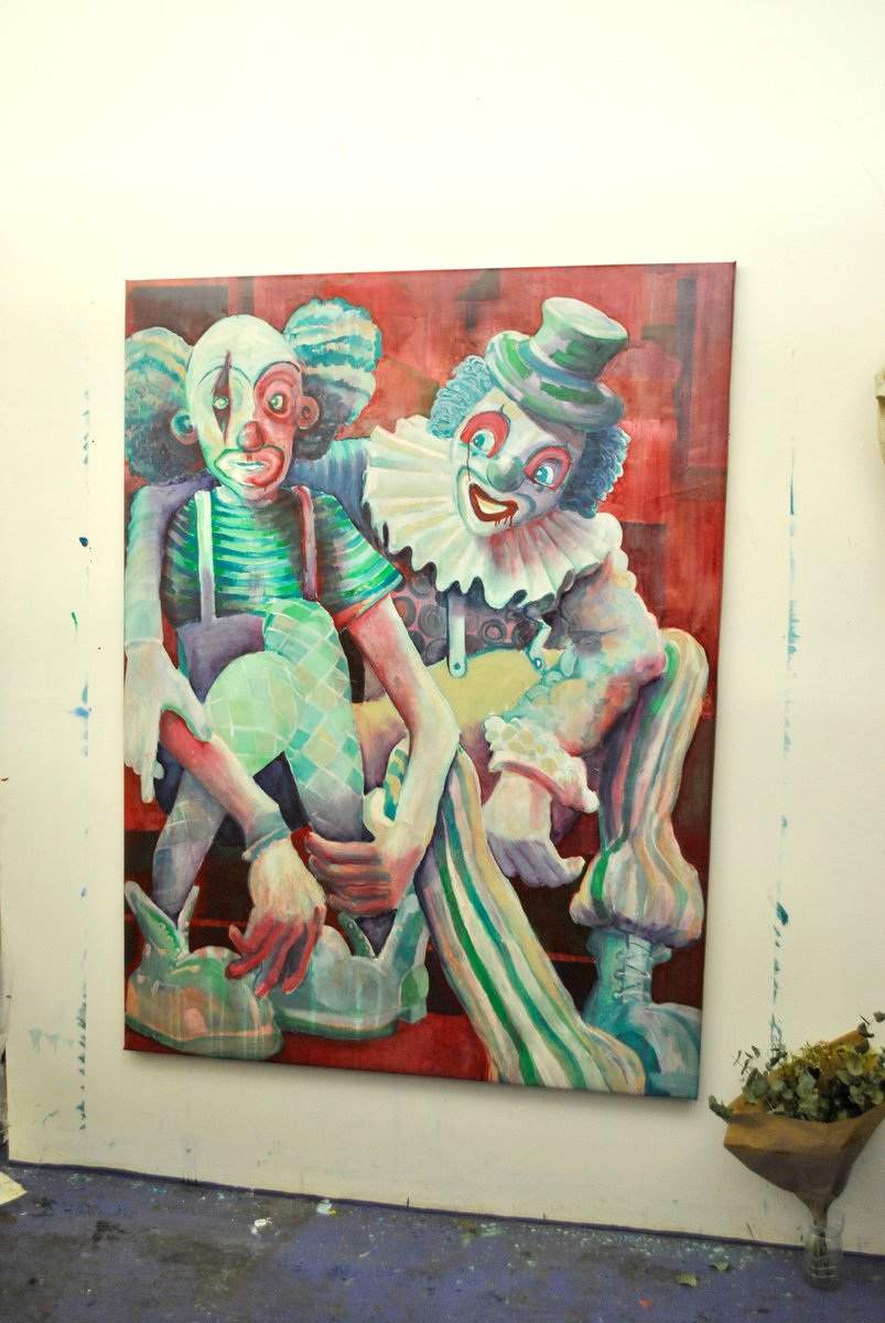 Urban And Pop Portrait Oil Painting By Dominic Virtosu, 59 X 79, Two Clowns (Best Friends), Original Artwork