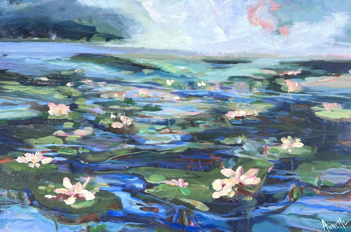 Impressionistic Landscape Acrylic Painting By Annette Wolters, 30 X 20, Misty Morning Lilies, Original Artwork