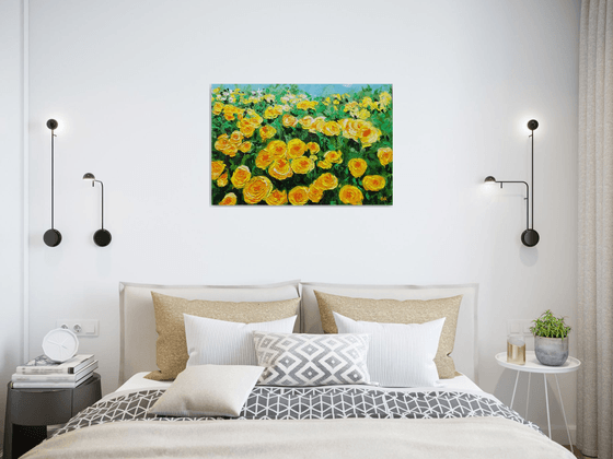 FIELD OF YELLOW, ORANGE, WHITE  ROSES  palette knife modern decor MEADOW OF FlOWERS, LANDSCAPE,  office home decor gift