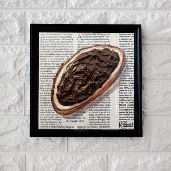 "Oval Toast with Chocolate Cream" Original Acrylic on Wooden Board Painting on Newspaper 6 by 6 inches (15x15 cm)