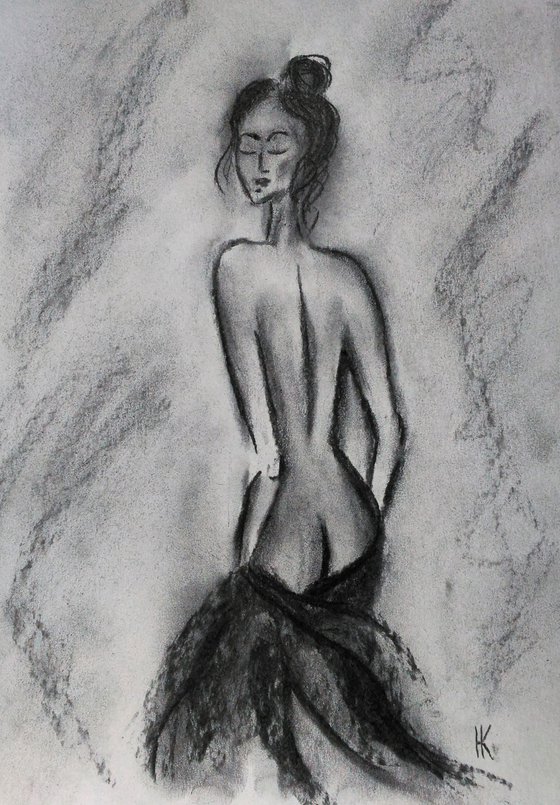 Female Nude Painting Figurative Original Art Woman Standing Nude Drawing Back View Bedroom Bathroom Charcoal Wall Art 12 by 17 inches