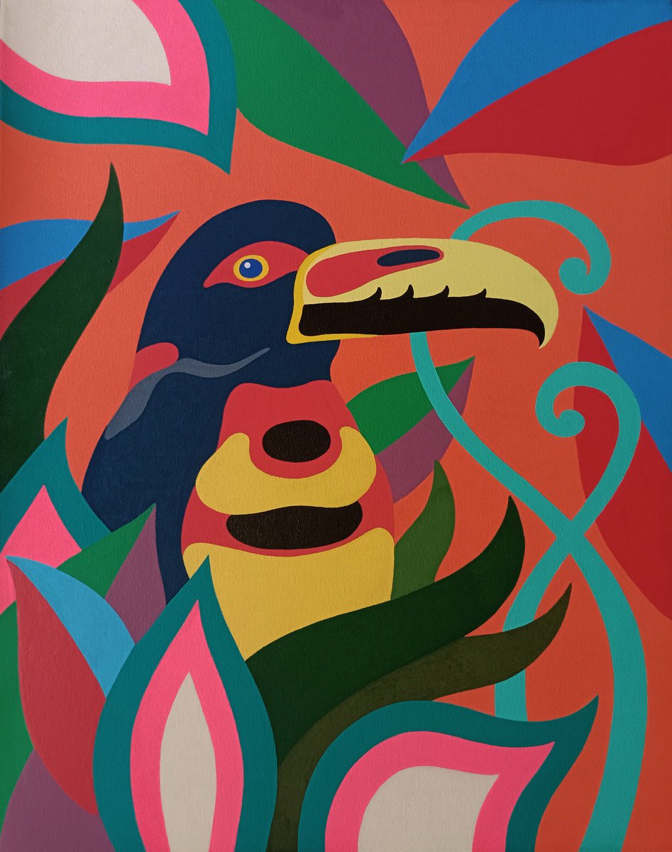 Naive Animal Acrylic Painting By Veronika Demenko, 16 X 20", Tropical Eden N.17, Original Artwork