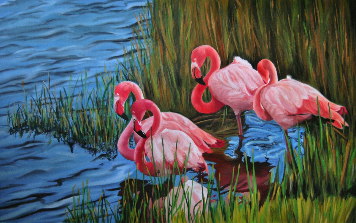 Photorealistic Oil Painting , Flamingos By Simona Tsvetkova, 31 X 20, Artwork For Sale On Artfinder