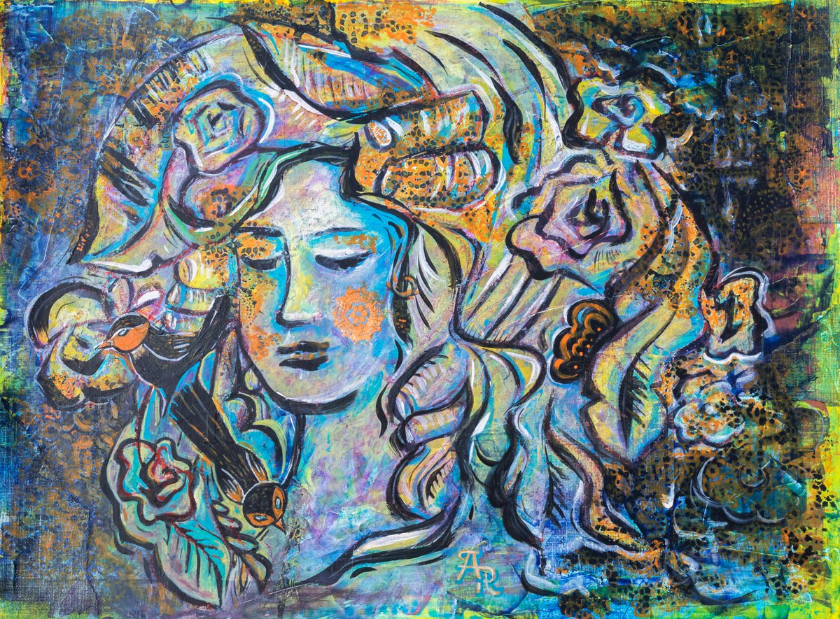 Expressive Portrait Acrylic Painting By Ariadna De Raadt, 22 X 17, Face Of Spring, Original Artwork