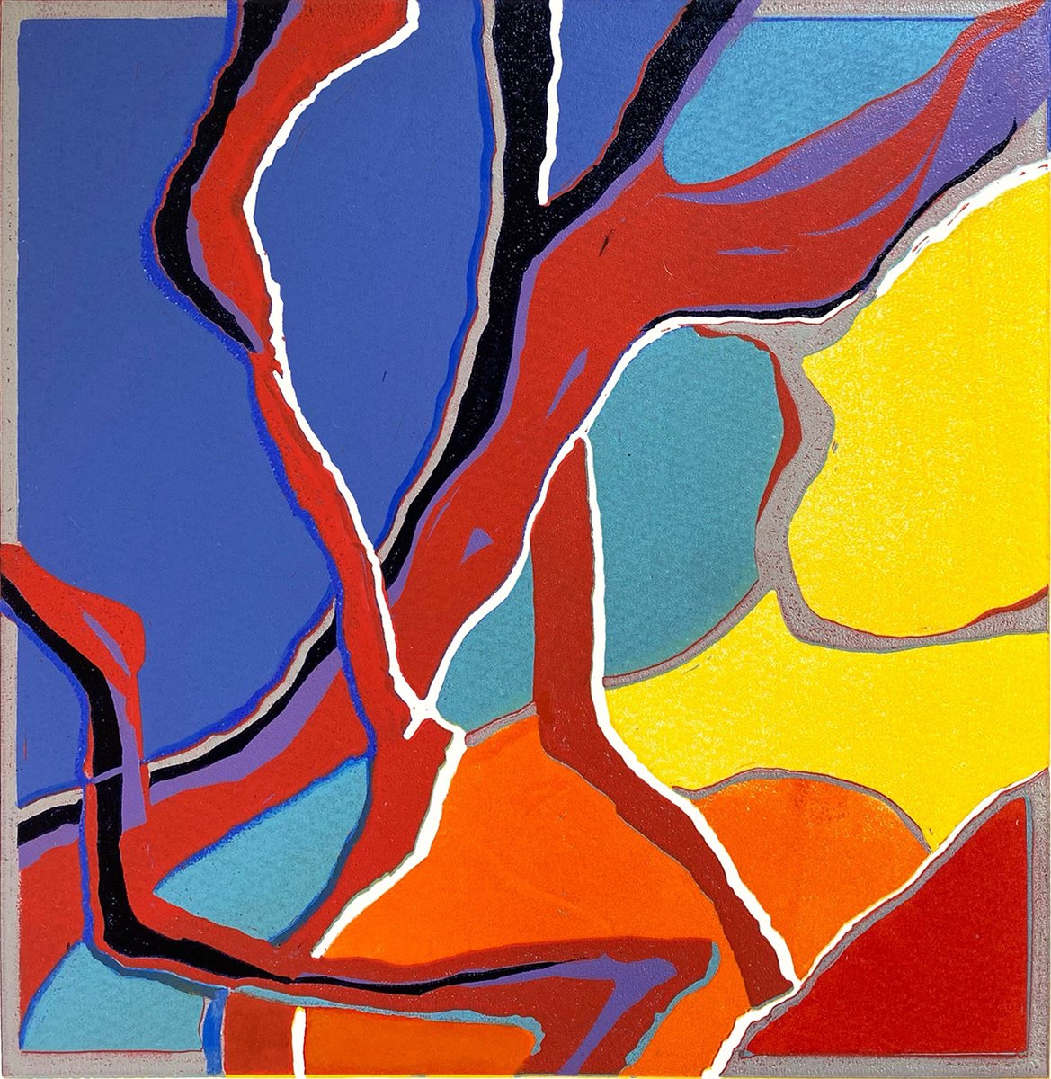 Organic Landscape Linocut By Helen Boden, 11 X 11, Flow Of Energy, Original Artwork