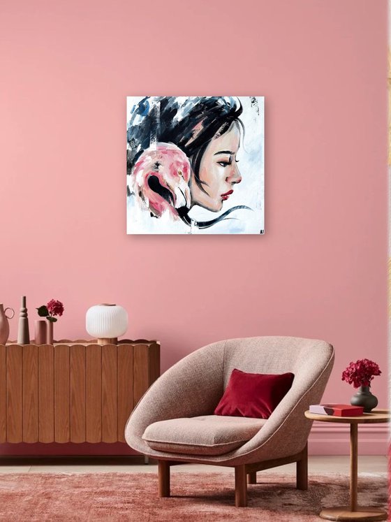 woman with flamingo