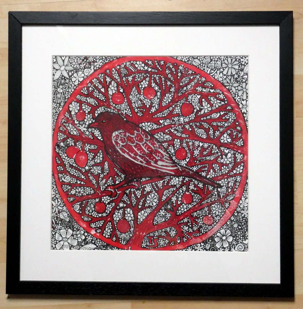 Animal Ink Drawing By Terri Smith, 15 X 15", Red Bird With Berries, Original Artwork