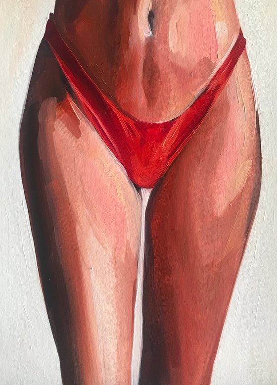 Only swimming trunks - oil painting on cardboard, original gift, red underwear, woman legs, nude, erotics, original gift, home decor, pop art, office interior