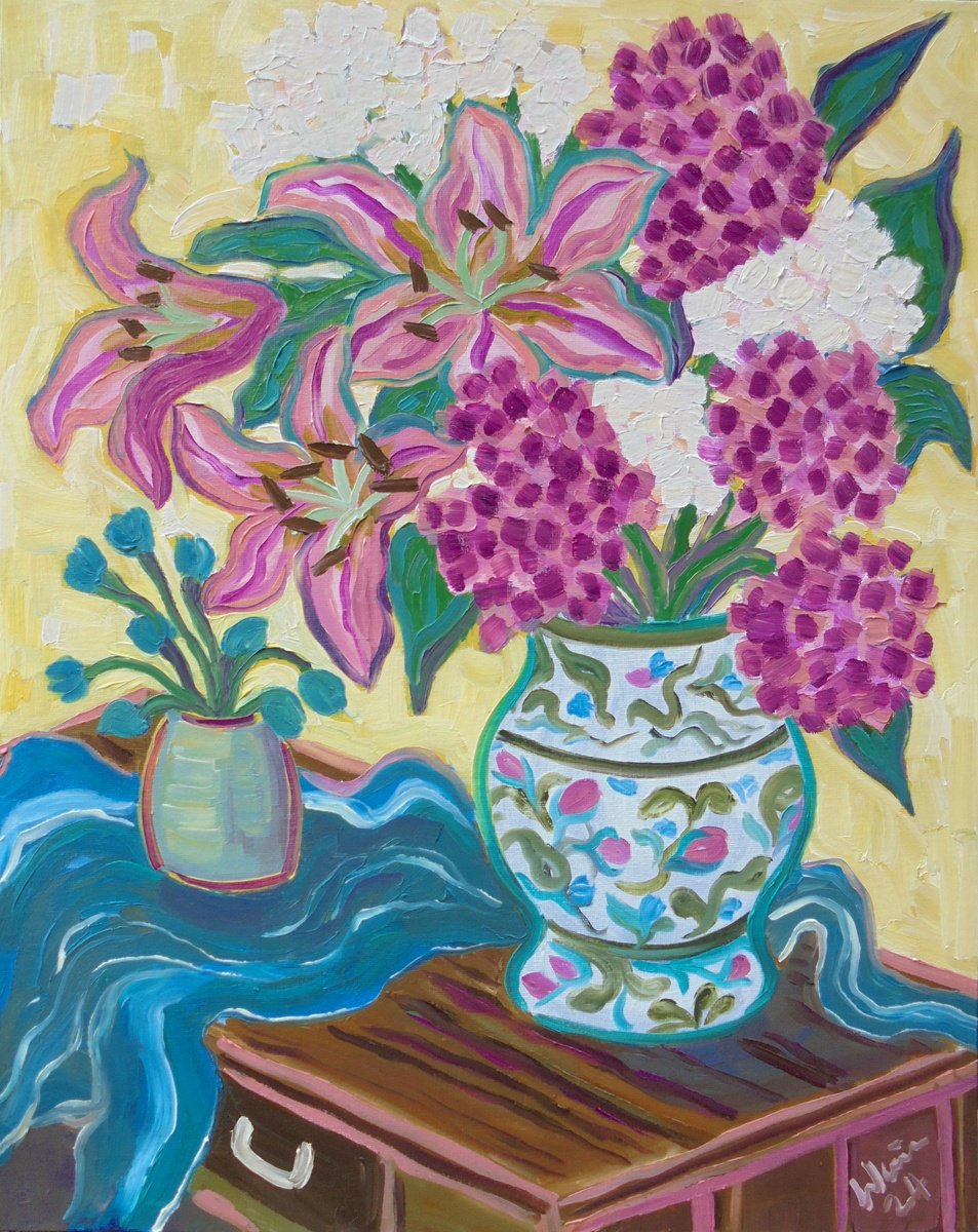 Expressive Botanical Oil Painting By Kirsty Wain, 16 X 20", Vase With Flower Bouquet, Original Artwork