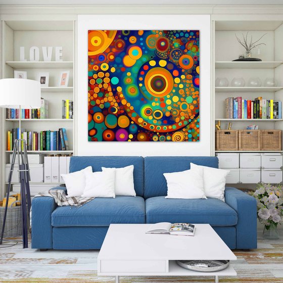 Klimt inspiration abstract. Large positive vibrant colors geometric abstract, bright wall art hanging