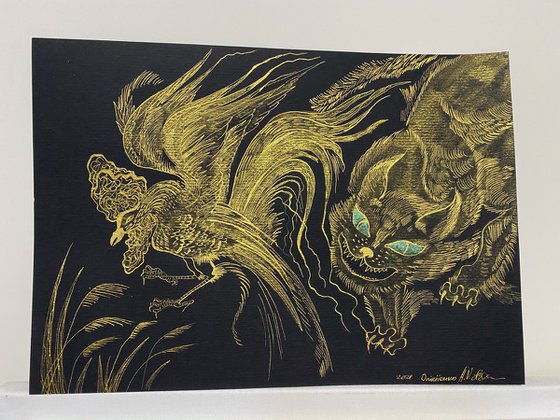 Wild cat and rooster. Gold on black