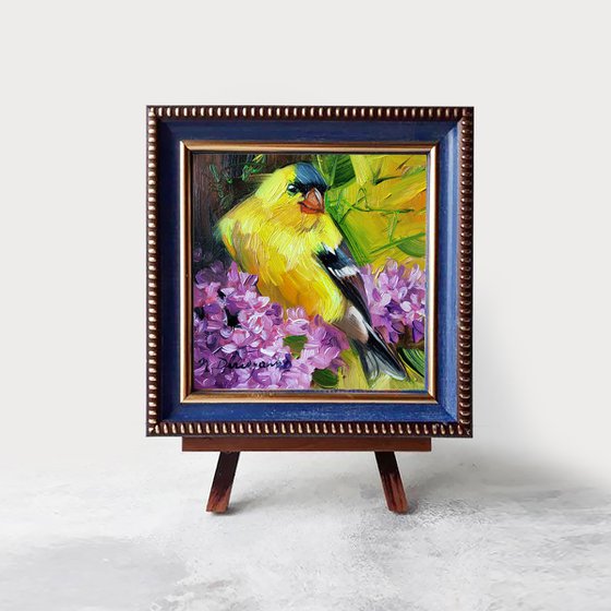 Original bird painting 4x4 in oil, Painting yellow bird on blossom branch, Bird art painting framed, Small painting of birds for bird lovers