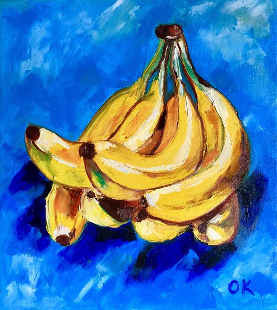 Bananas on  turquoise  Still life. Palette knife painting on linen canvas