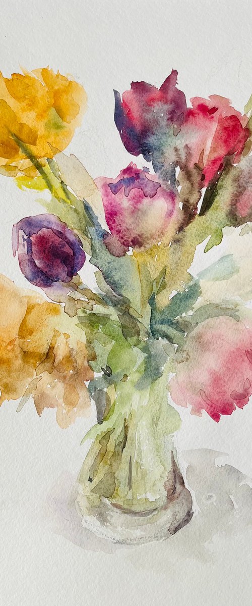 Tulips in vase. Original watercolour painting. 2020 by Elena Klyan