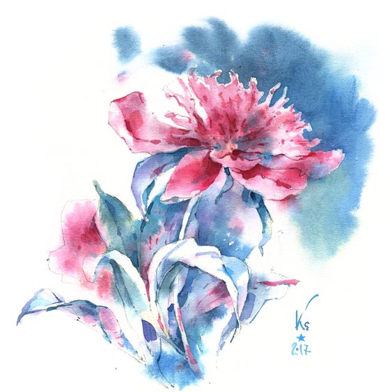 "Scent of a peony flower on a summer evening" original botanical watercolor square format