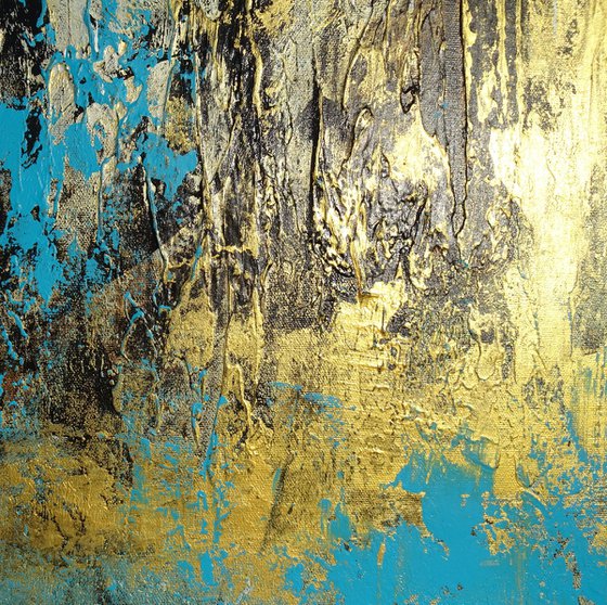 Modern Abstract Heavy Textured Landscape Painting. 61 x 76cm. Contemporary Art. Blue and Gold, Brown, White